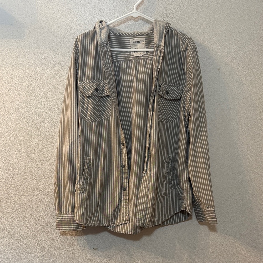44MM Striped Gray Button Down With Hood